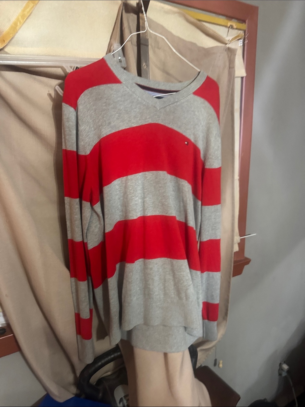 Men's Grey and Red Striped Crewneck Sweater S-2